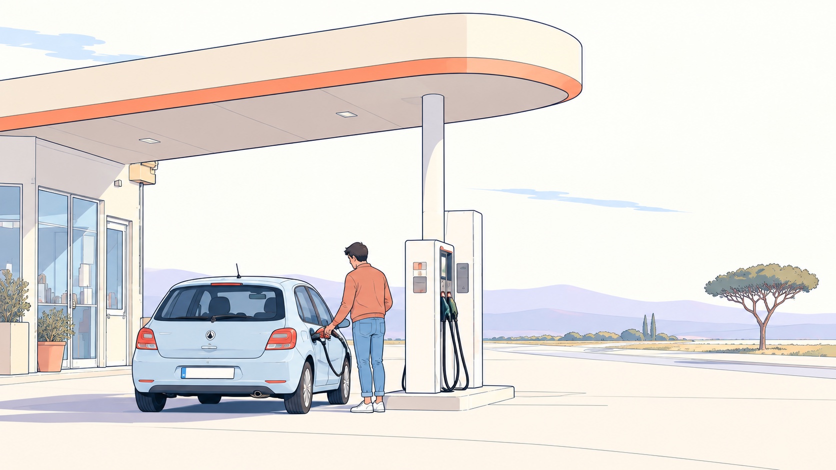 Une station et son paysage, illustration de notre première enquête sur les prix du carburant.