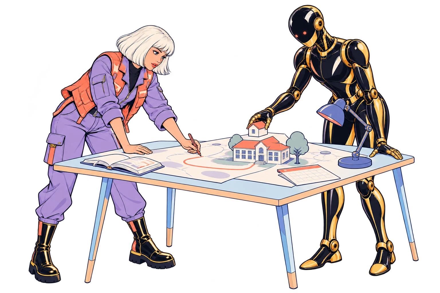 Une exploratrice et un robot dessinent ensemble autour de maquettes de lieux du quotidien.