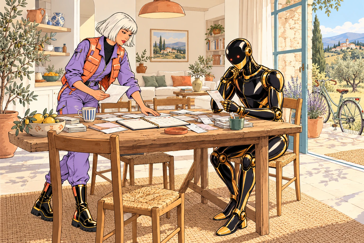 À la maison, notre duo examine un calendrier et des documents autour d’une table.