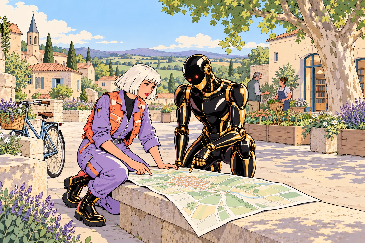 Sur une place de village, notre duo étudie une carte près d’un jardin partagé.
