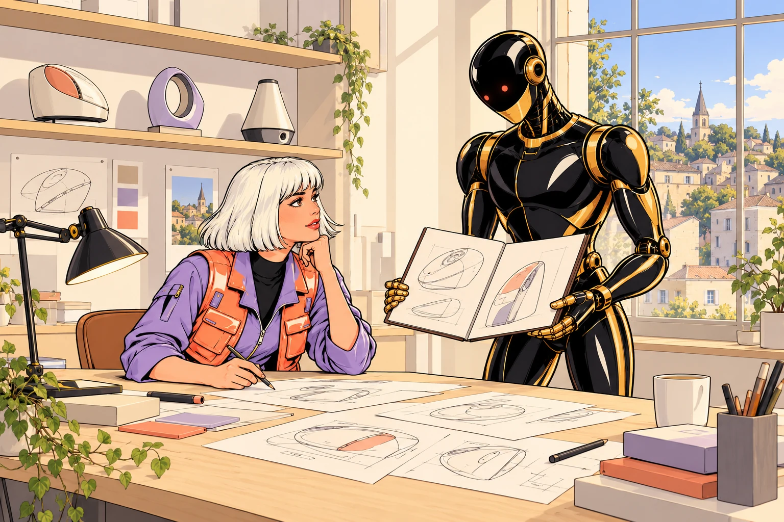 Dans un atelier, une dessinatrice et un robot comparent des projets.
